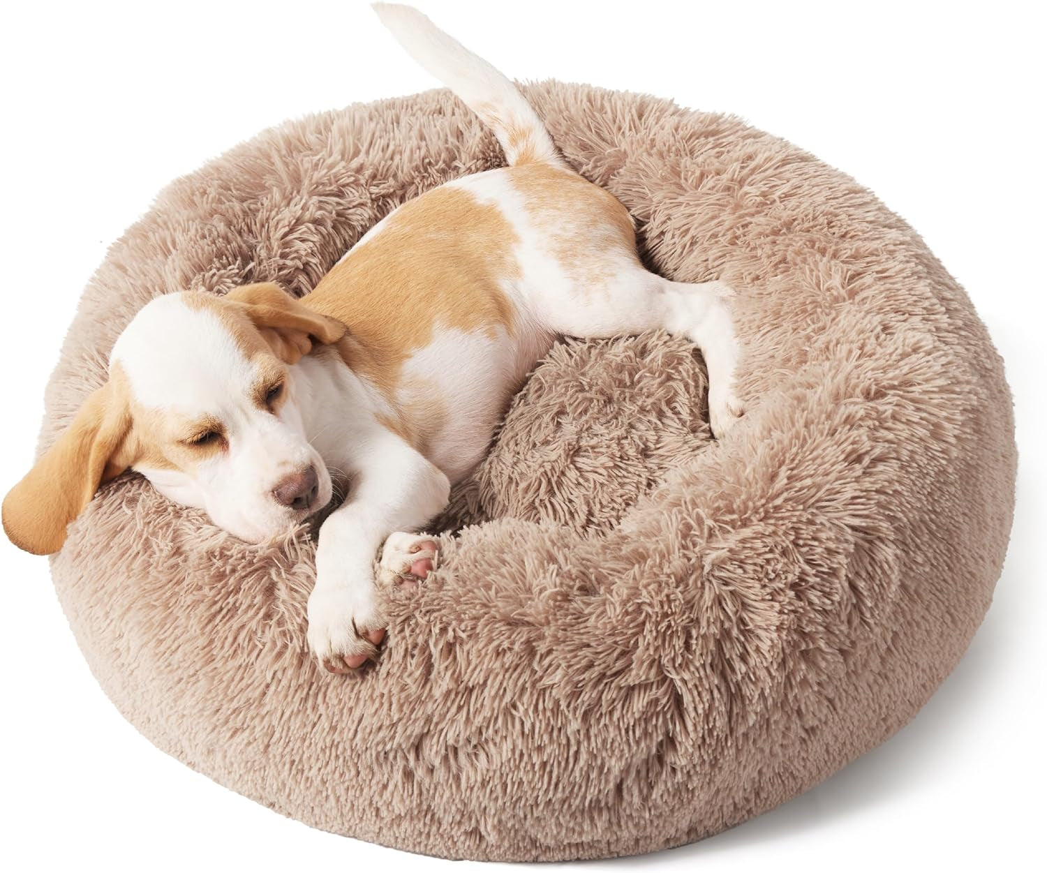 Calming Dog Bed for Small Dogs - Donut Washable Small Pet Bed, 23 Inches Anti-Slip round Fluffy Plush Faux Fur Large Cat Bed, Fits up to 25 Lbs Pets, Camel