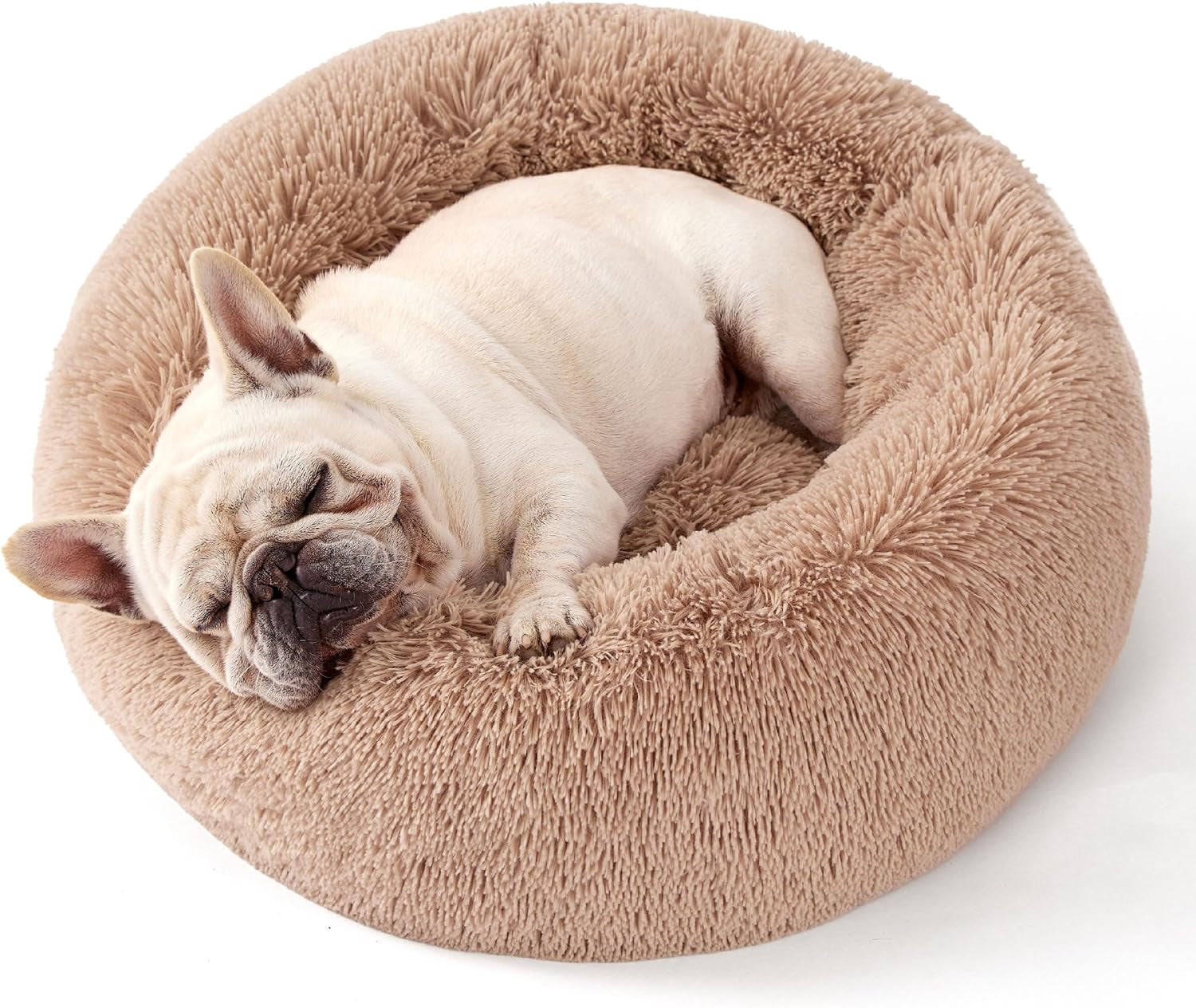 Calming Dog Bed for Small Dogs - Donut Washable Small Pet Bed, 23 Inches Anti-Slip round Fluffy Plush Faux Fur Large Cat Bed, Fits up to 25 Lbs Pets, Camel