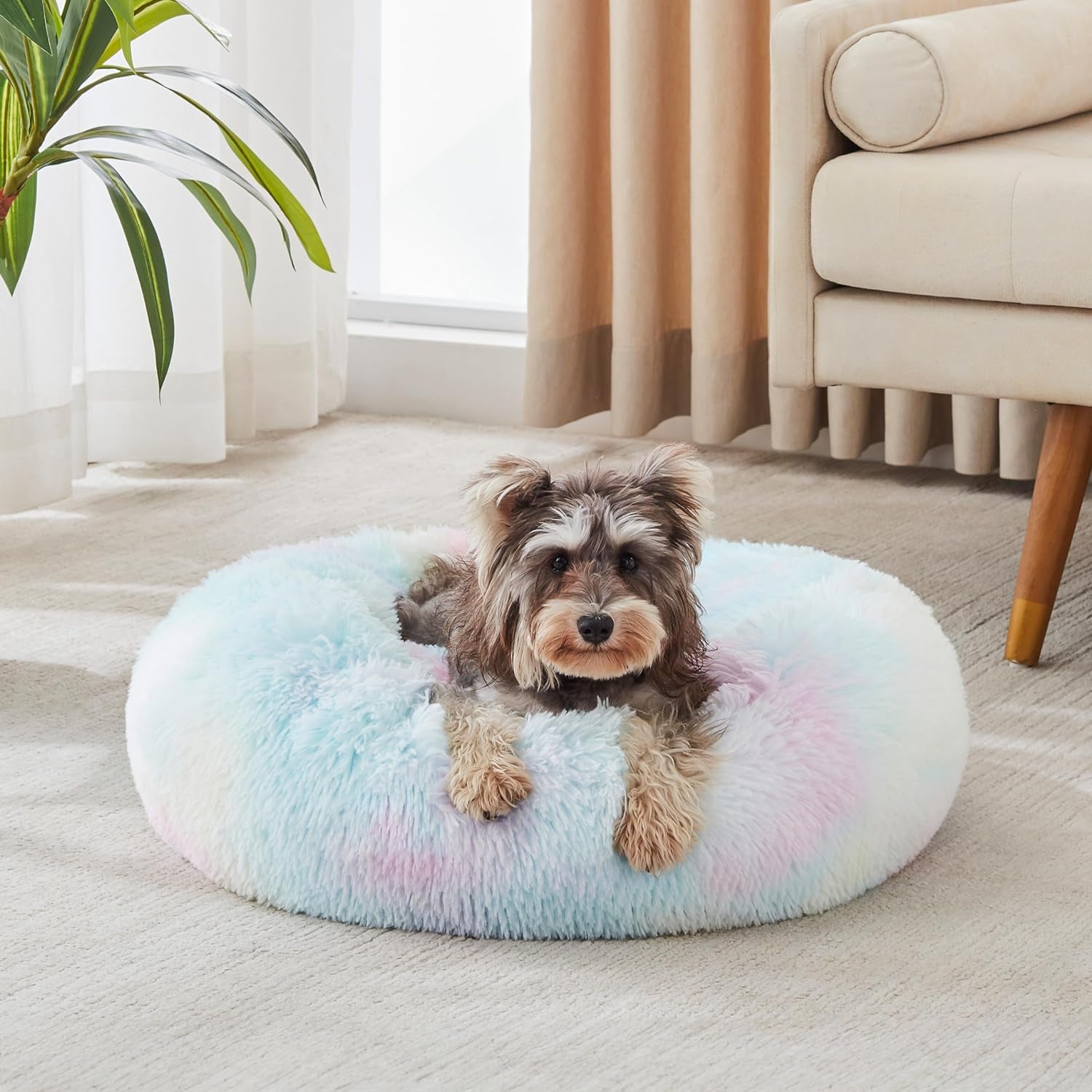 Calming Dog & Cat Bed, Anti-Anxiety Donut Cuddler Warming Cozy Soft round Bed, Fluffy Faux Fur Plush Cushion Bed for Small Medium Dogs and Cats (20"/24"/27"/30")