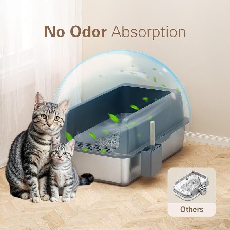 High Side Open Stainless Steel Litter Box with Lid, Super Large Litter Box, Super Large Litter Box, High Side, (Non-Stick, Easy to Clean, Anti-Leakage) - Majestic Dog & Cat Pet Boutique