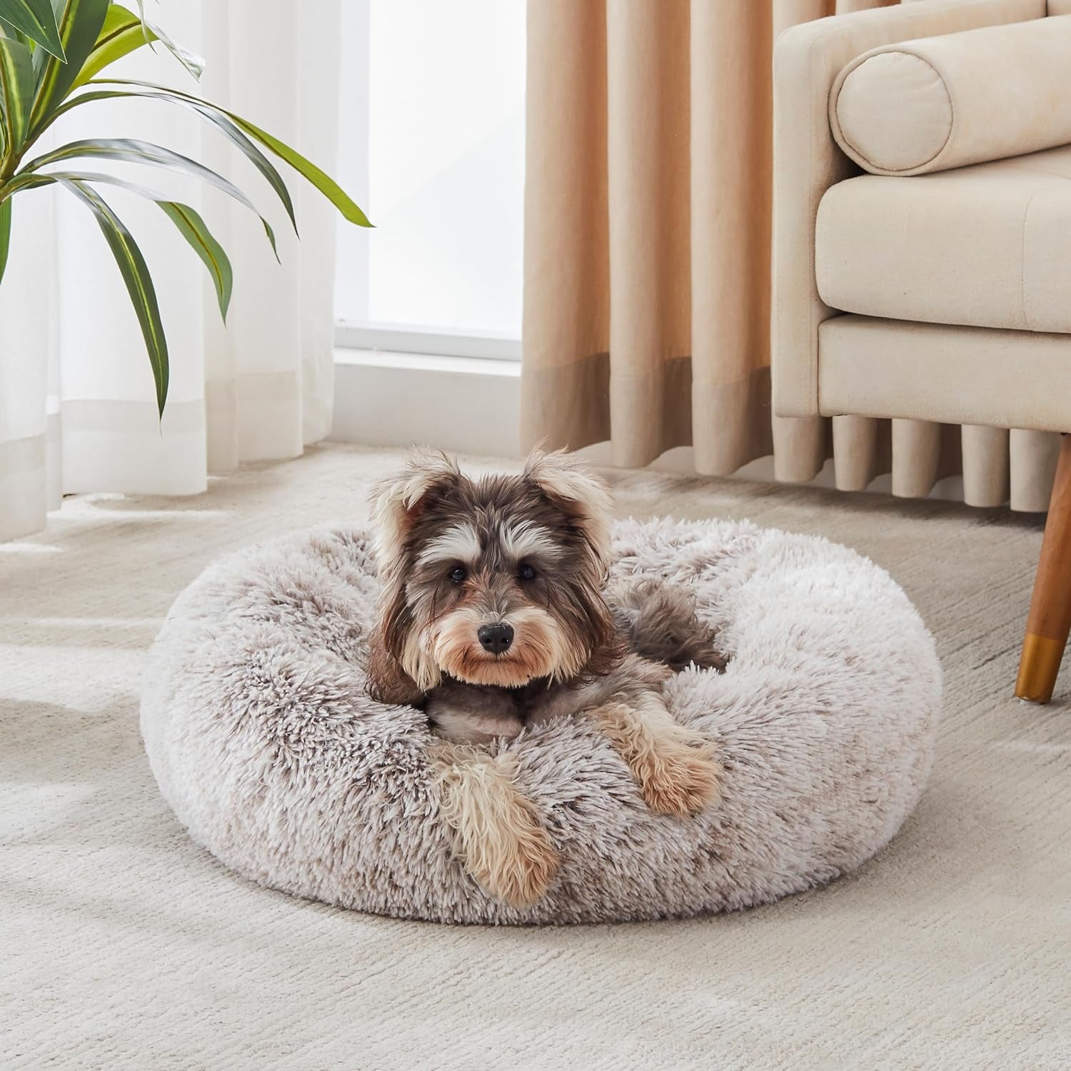 Calming Dog & Cat Bed, Anti-Anxiety Donut Cuddler Warming Cozy Soft round Bed, Fluffy Faux Fur Plush Cushion Bed for Small Medium Dogs and Cats (20"/24"/27"/30")