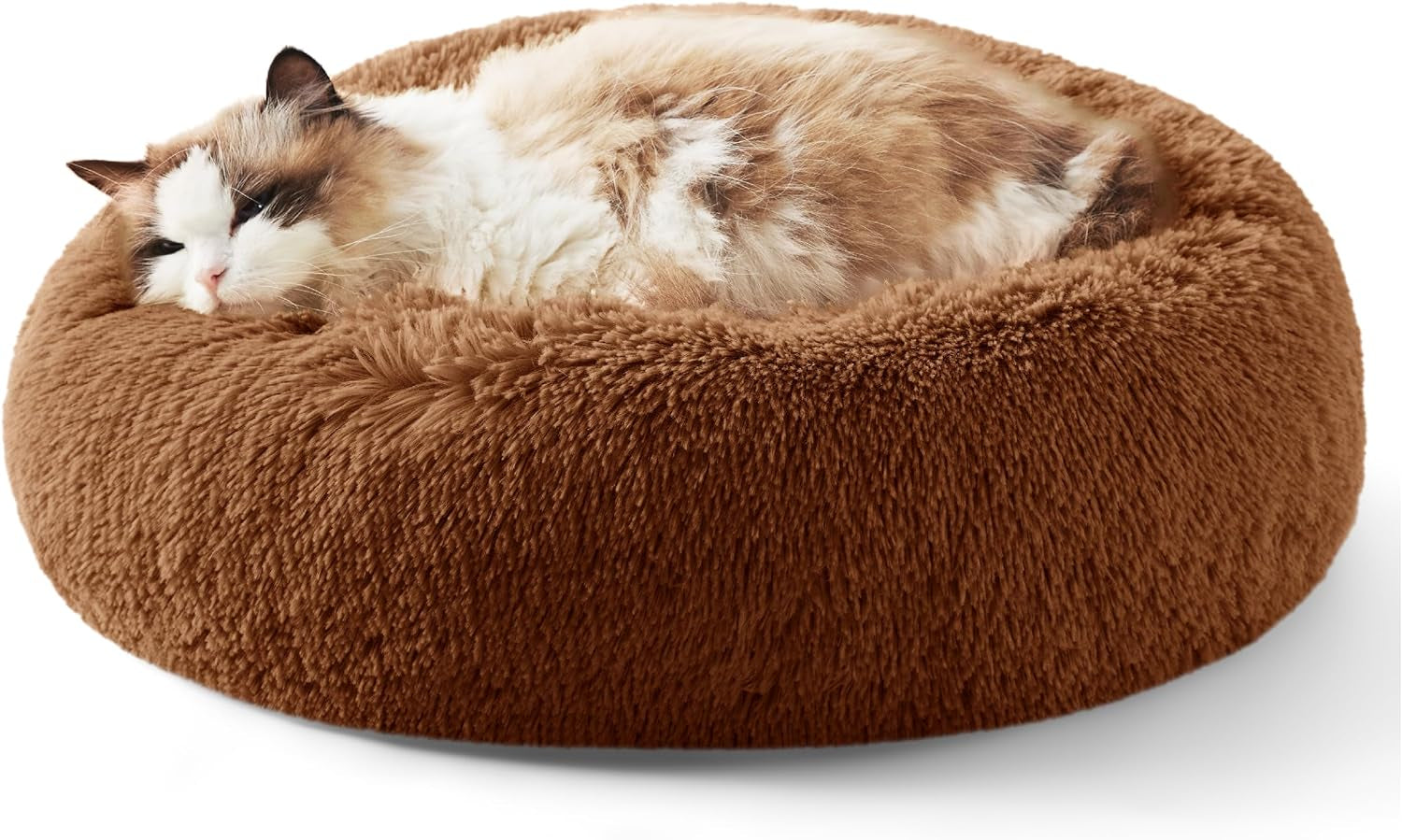 Calming Dog Bed for Small Dogs - Donut Washable Small Pet Bed, 23 Inches Anti-Slip round Fluffy Plush Faux Fur Large Cat Bed, Fits up to 25 Lbs Pets, Camel