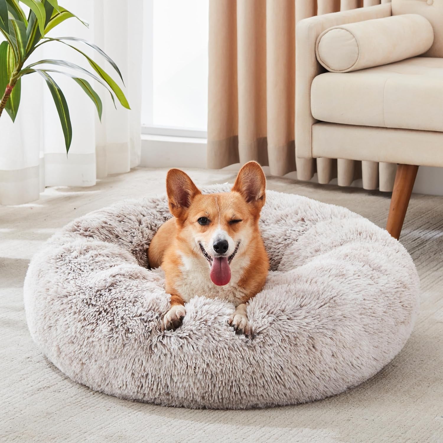 Calming Dog & Cat Bed, Anti-Anxiety Donut Cuddler Warming Cozy Soft round Bed, Fluffy Faux Fur Plush Cushion Bed for Small Medium Dogs and Cats (20"/24"/27"/30")