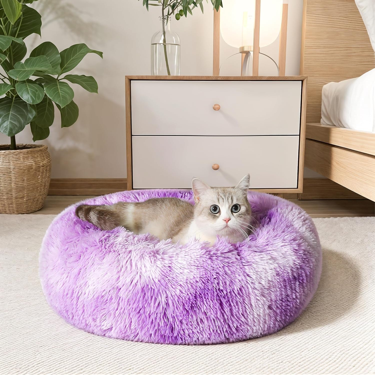 Calming Dog & Cat Bed, Anti-Anxiety Donut Cuddler Warming Cozy Soft round Bed, Fluffy Faux Fur Plush Cushion Bed for Small Medium Dogs and Cats (20"/24"/27"/30")