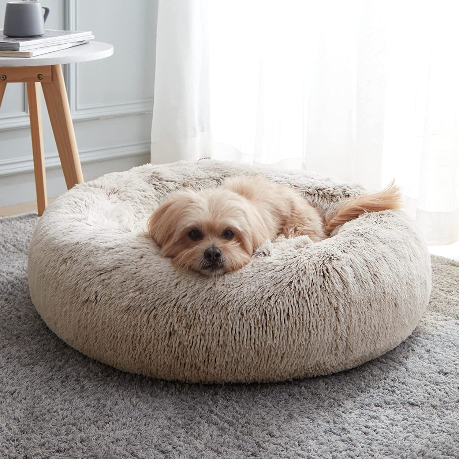 Calming Dog & Cat Bed, Anti-Anxiety Donut Cuddler Warming Cozy Soft round Bed, Fluffy Faux Fur Plush Cushion Bed for Small Medium Dogs and Cats (20"/24"/27"/30")