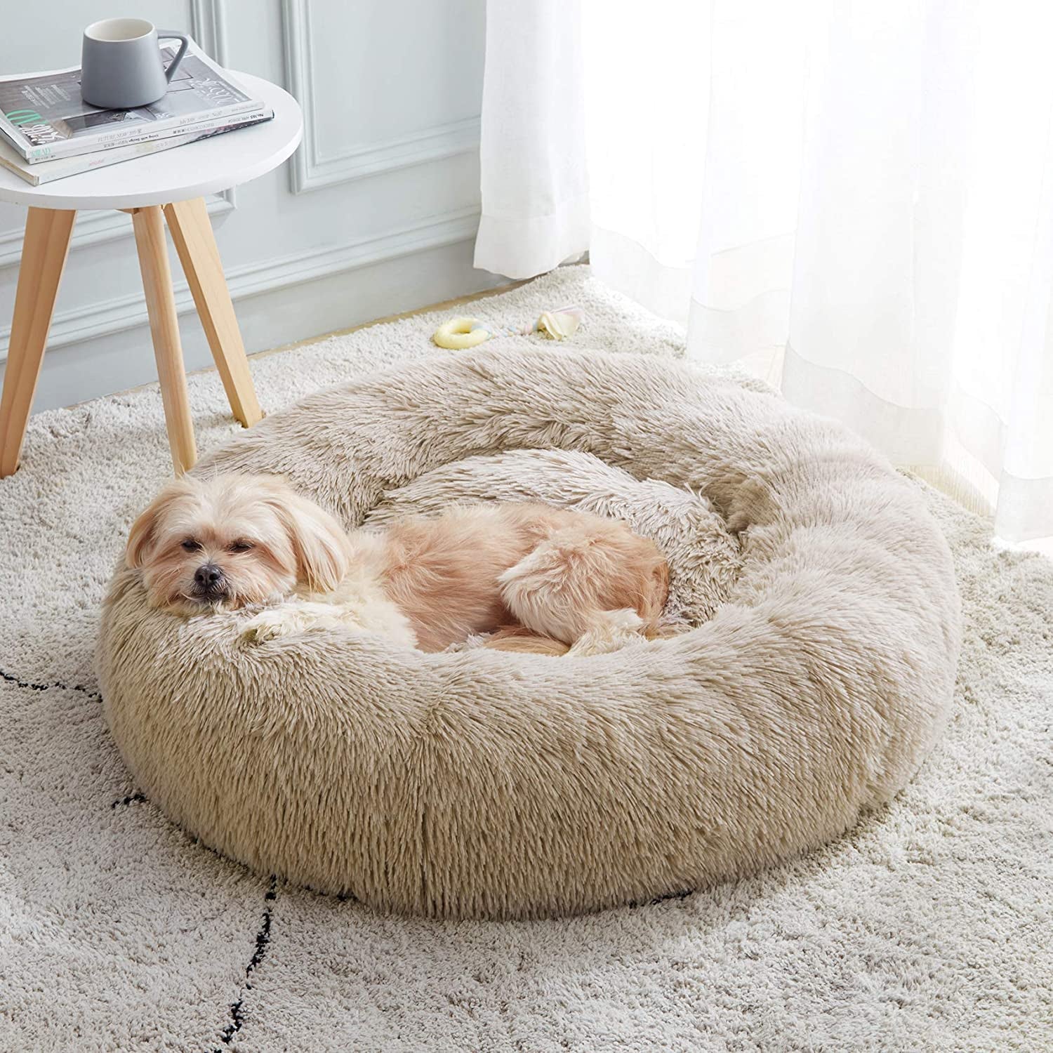 Calming Dog & Cat Bed, Anti-Anxiety Donut Cuddler Warming Cozy Soft round Bed, Fluffy Faux Fur Plush Cushion Bed for Small Medium Dogs and Cats (20"/24"/27"/30")