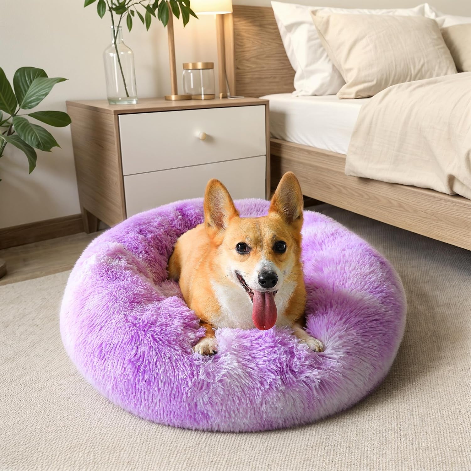 Calming Dog & Cat Bed, Anti-Anxiety Donut Cuddler Warming Cozy Soft round Bed, Fluffy Faux Fur Plush Cushion Bed for Small Medium Dogs and Cats (20"/24"/27"/30")