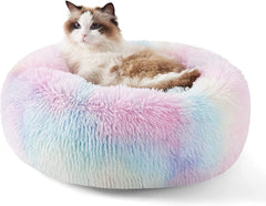 Calming Dog Bed for Small Dogs - Donut Washable Small Pet Bed, 23 Inches Anti-Slip round Fluffy Plush Faux Fur Large Cat Bed, Fits up to 25 Lbs Pets, Camel