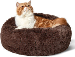 Calming Dog Bed for Small Dogs - Donut Washable Small Pet Bed, 23 Inches Anti-Slip round Fluffy Plush Faux Fur Large Cat Bed, Fits up to 25 Lbs Pets, Camel