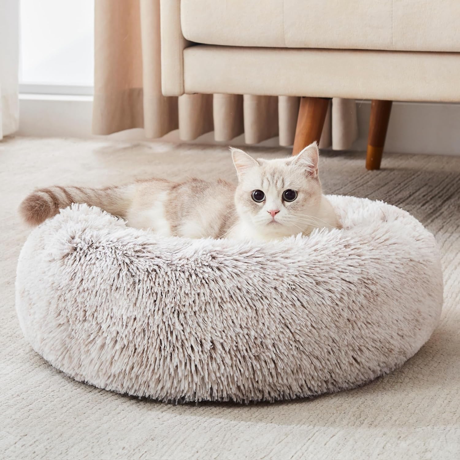 Calming Dog & Cat Bed, Anti-Anxiety Donut Cuddler Warming Cozy Soft round Bed, Fluffy Faux Fur Plush Cushion Bed for Small Medium Dogs and Cats (20"/24"/27"/30")