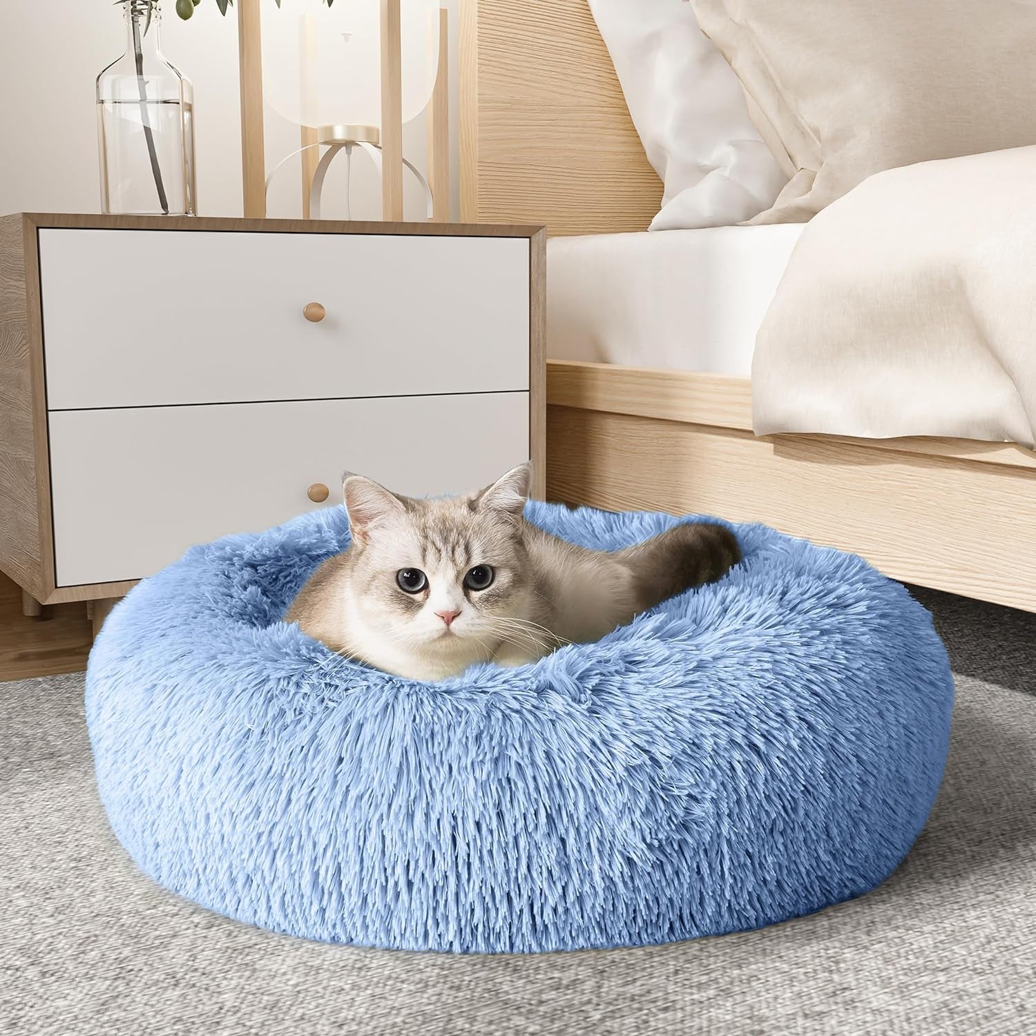 Calming Dog & Cat Bed, Anti-Anxiety Donut Cuddler Warming Cozy Soft round Bed, Fluffy Faux Fur Plush Cushion Bed for Small Medium Dogs and Cats (20"/24"/27"/30")