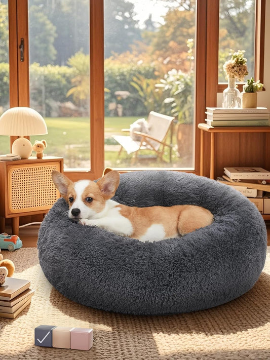 Calming Donut Dog Bed – Plush Pillow for Small & Medium Pets, Washable Cover, Anti-Slip Bottom (23”) - Majestic Dog & Cat Pet Boutique