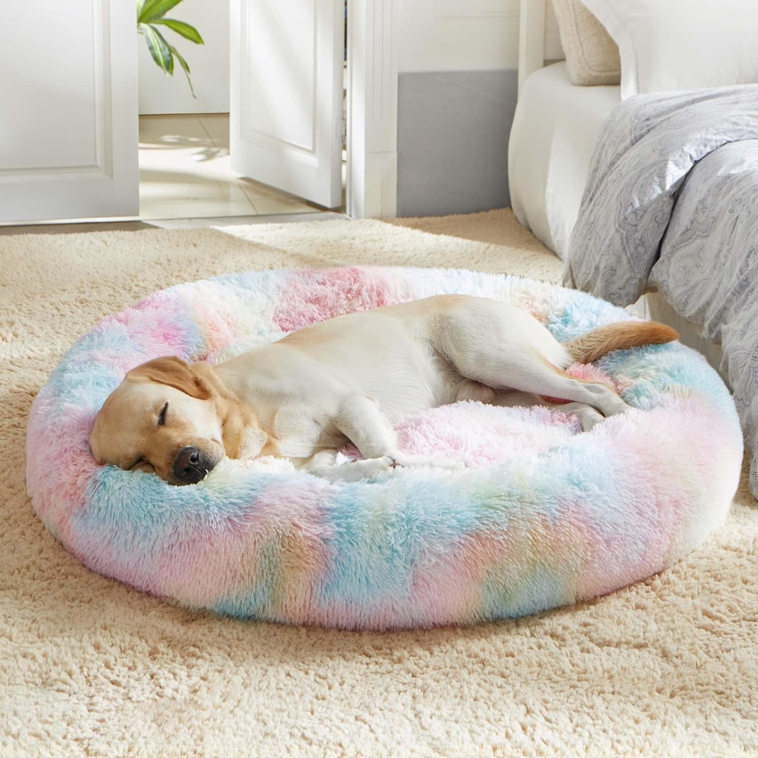 Calming Dog & Cat Bed, Anti-Anxiety Donut Cuddler Warming Cozy Soft round Bed, Fluffy Faux Fur Plush Cushion Bed for Small Medium Dogs and Cats (20"/24"/27"/30")