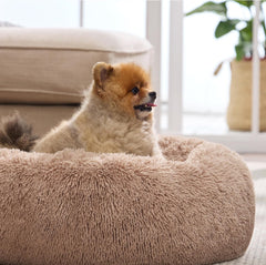 Calming Dog Bed for Small Dogs - Donut Washable Small Pet Bed, 23 Inches Anti-Slip round Fluffy Plush Faux Fur Large Cat Bed, Fits up to 25 Lbs Pets, Camel