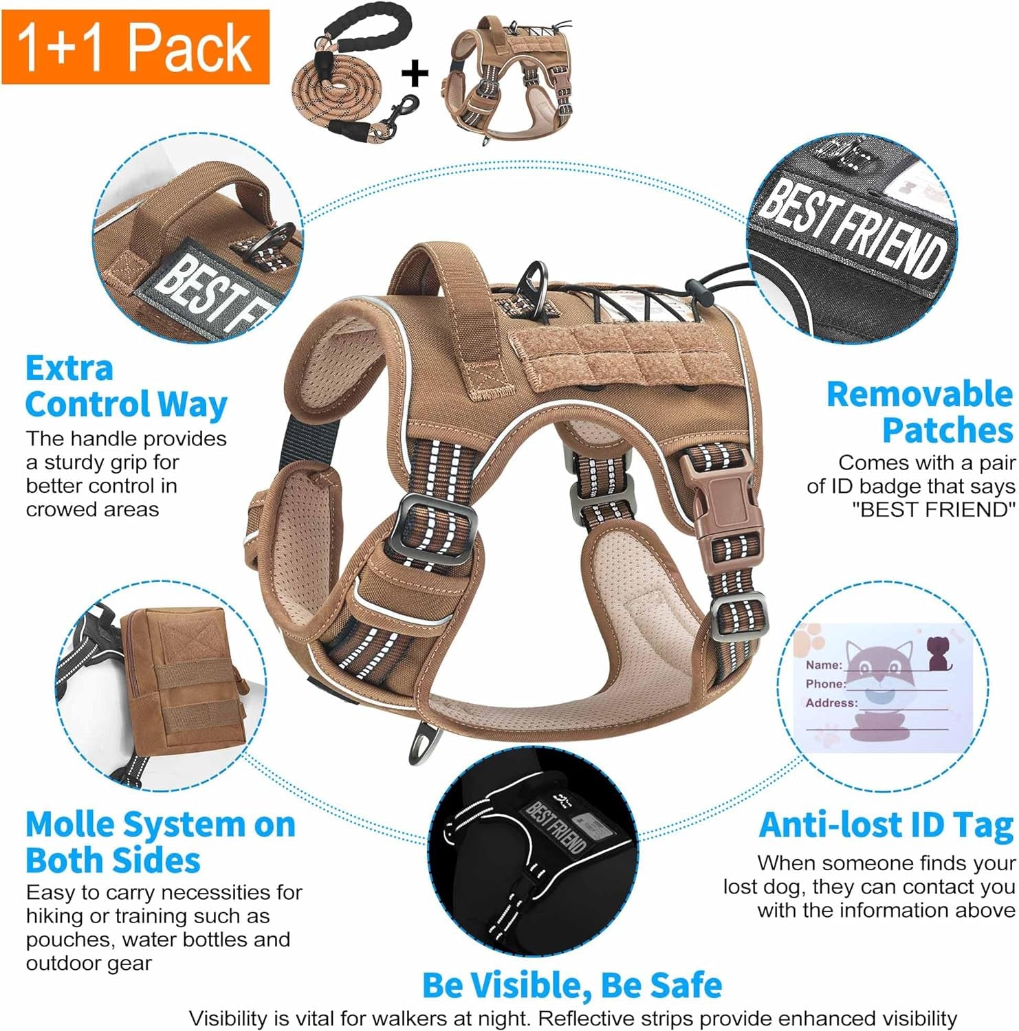 Heavy Duty Tactical Dog Harness for Large Dogs, No Pull Adjustable Pet Harness Reflective Service Training Easy Control Pet Vest Military K9 Working Dog Harnesses- Large, Brown - Majestic Dog & Cat Pet Boutique