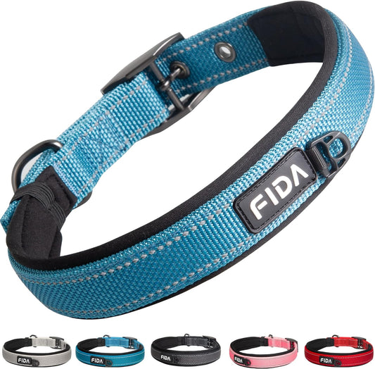 Heavy Duty Dog Collar, Ultra Comfortable Soft Neoprene Padded, Adjustable Reflective Nylon Pet Collar with Durable Metal Belt Buckle for Medium Breeds (M, Blue)