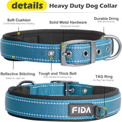 Heavy Duty Dog Collar, Ultra Comfortable Soft Neoprene Padded, Adjustable Reflective Nylon Pet Collar with Durable Metal Belt Buckle for Medium Breeds (M, Blue)