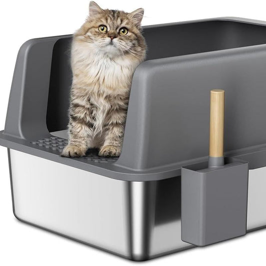 High Side Open Stainless Steel Litter Box with Lid, Super Large Litter Box, Super Large Litter Box, High Side, (Non-Stick, Easy to Clean, Anti-Leakage) - Majestic Dog & Cat Pet Boutique