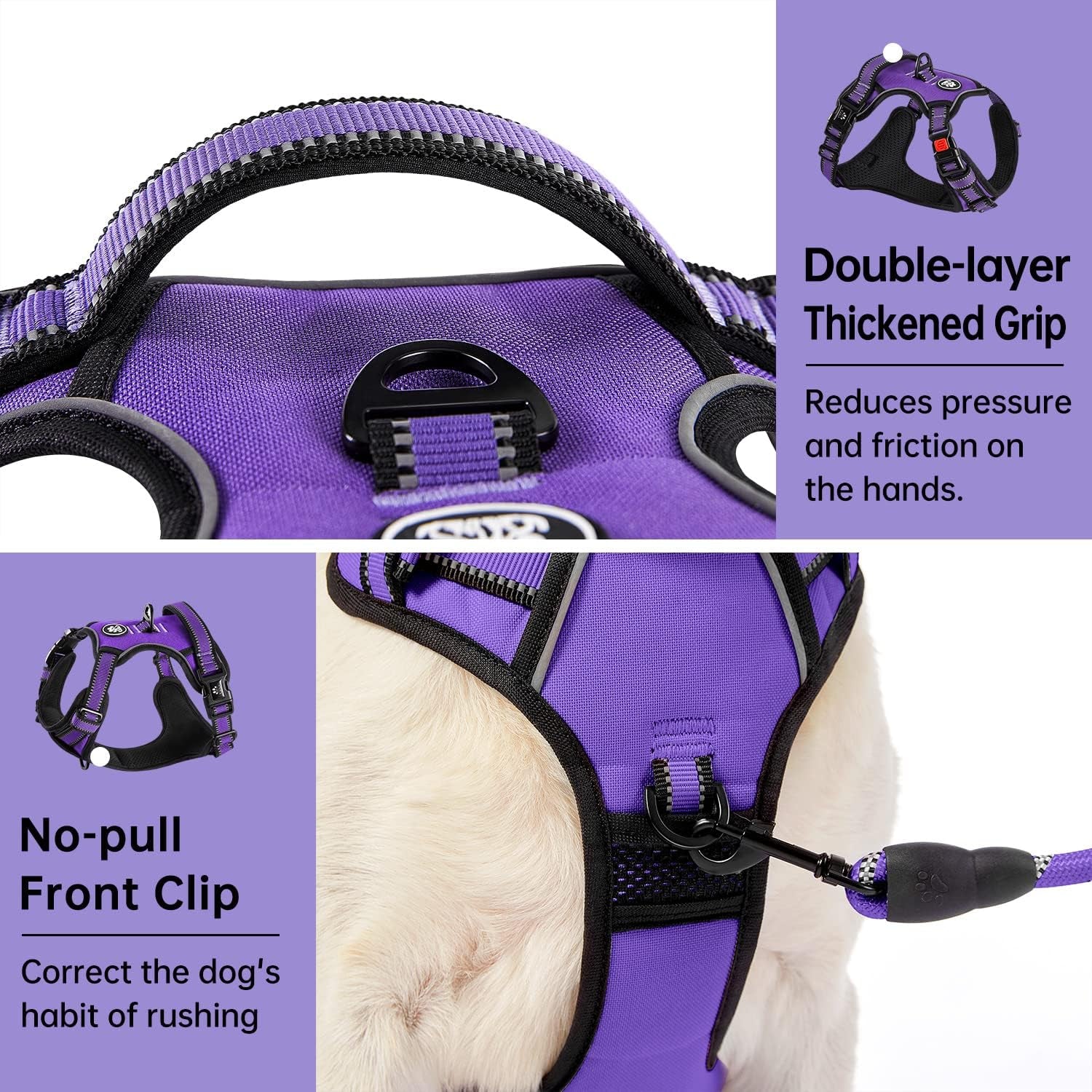 No Pull Dog Harness for Small Dogs, Dog Vest Harness with Leash, Safety Belt and Storage Strap, Fully Adjustable Harness, 360° Reflective Strip, Soft Handle (Purple, S) - Majestic Dog & Cat Pet Boutique