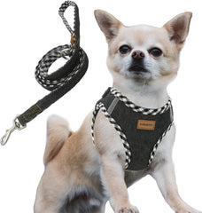 Premium Denim Dog Harness and Leash Set, Step In, Breathable Mesh, Lightweight, Reflective Vest Harness - for Cats and Extra Small Dogs (Black, XXXS)