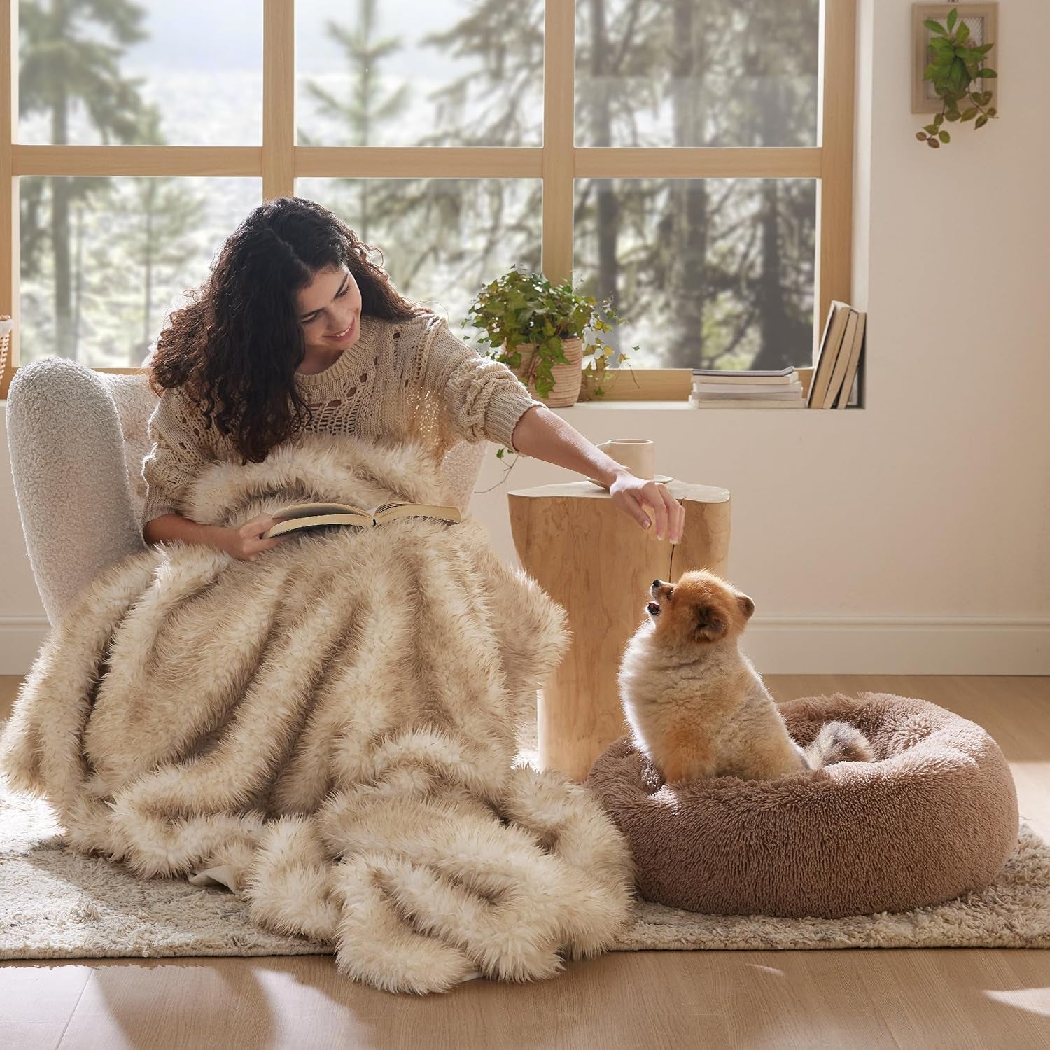 Calming Dog Bed for Small Dogs - Donut Washable Small Pet Bed, 23 Inches Anti-Slip round Fluffy Plush Faux Fur Large Cat Bed, Fits up to 25 Lbs Pets, Camel