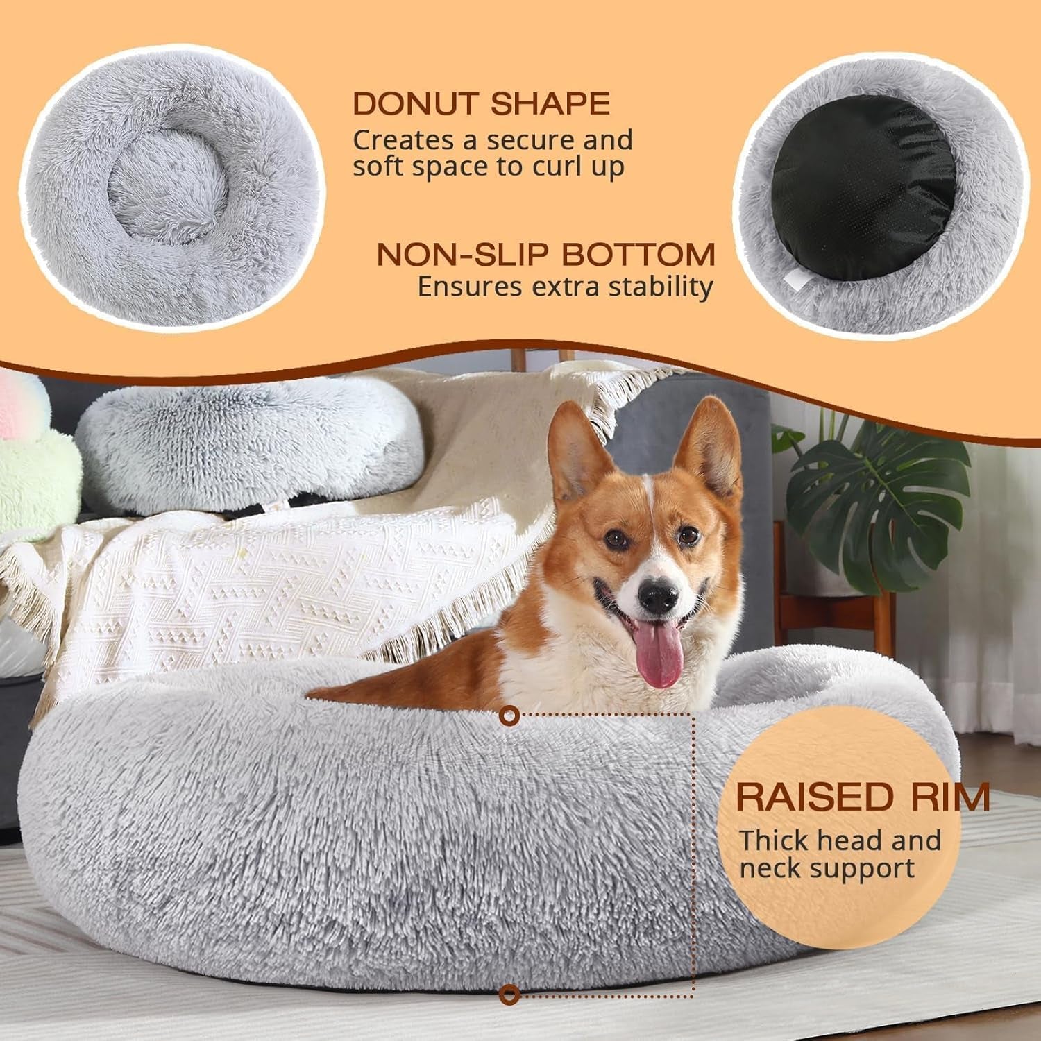 Dog & Cat Bed, Calming Anti-Anxiety Pet Bed for Small Dogs, Fluffy Donut Cushion for Small and Medium Pets (20")