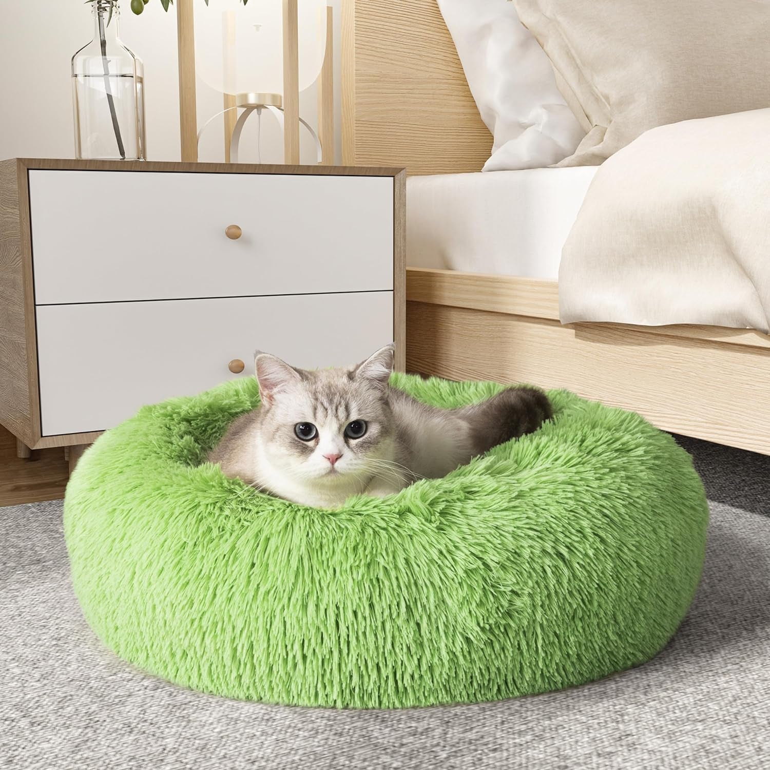 Calming Dog & Cat Bed, Anti-Anxiety Donut Cuddler Warming Cozy Soft round Bed, Fluffy Faux Fur Plush Cushion Bed for Small Medium Dogs and Cats (20"/24"/27"/30")