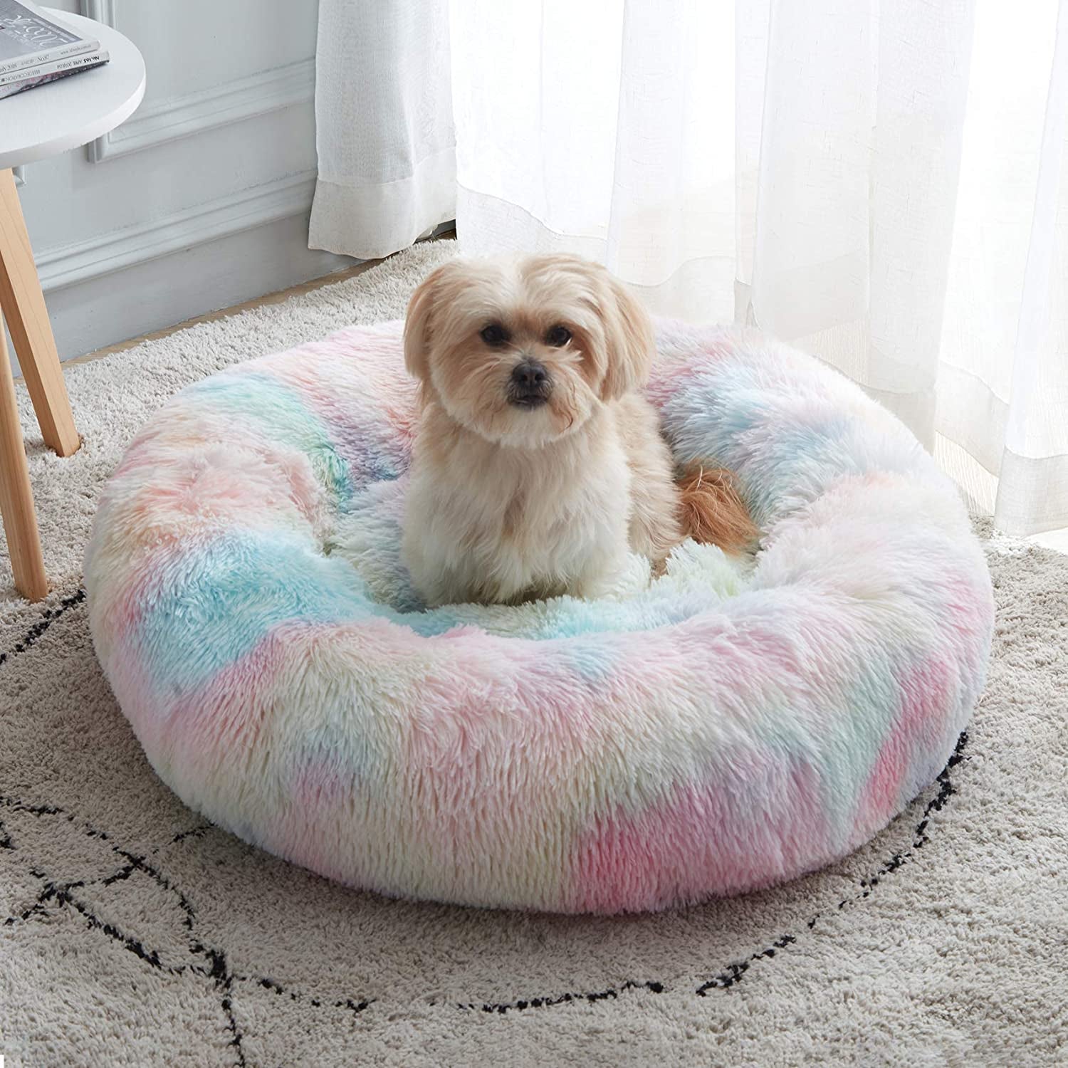 Calming Dog & Cat Bed, Anti-Anxiety Donut Cuddler Warming Cozy Soft round Bed, Fluffy Faux Fur Plush Cushion Bed for Small Medium Dogs and Cats (20"/24"/27"/30")