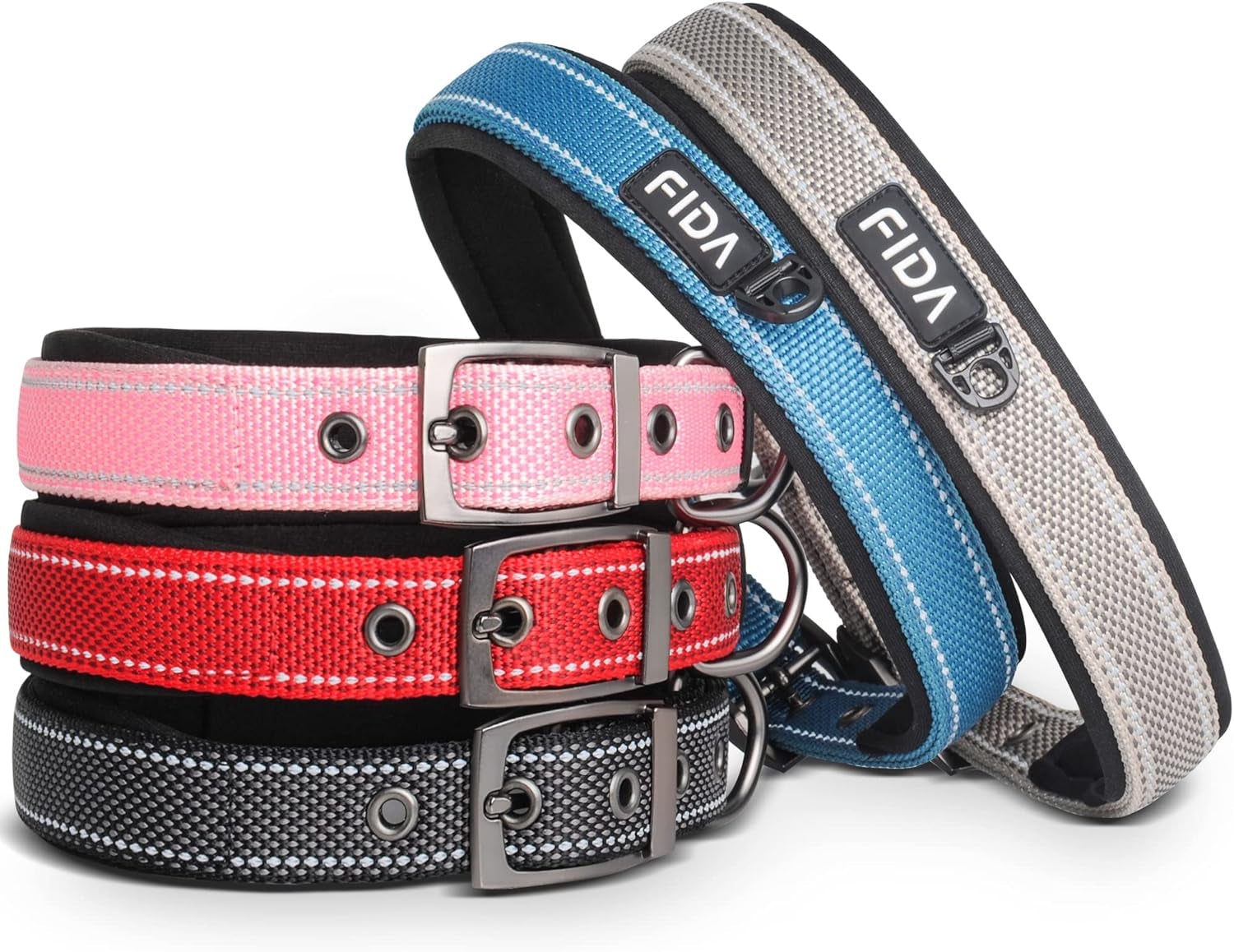 Heavy Duty Dog Collar, Ultra Comfortable Soft Neoprene Padded, Adjustable Reflective Nylon Pet Collar with Durable Metal Belt Buckle for Medium Breeds (M, Blue)