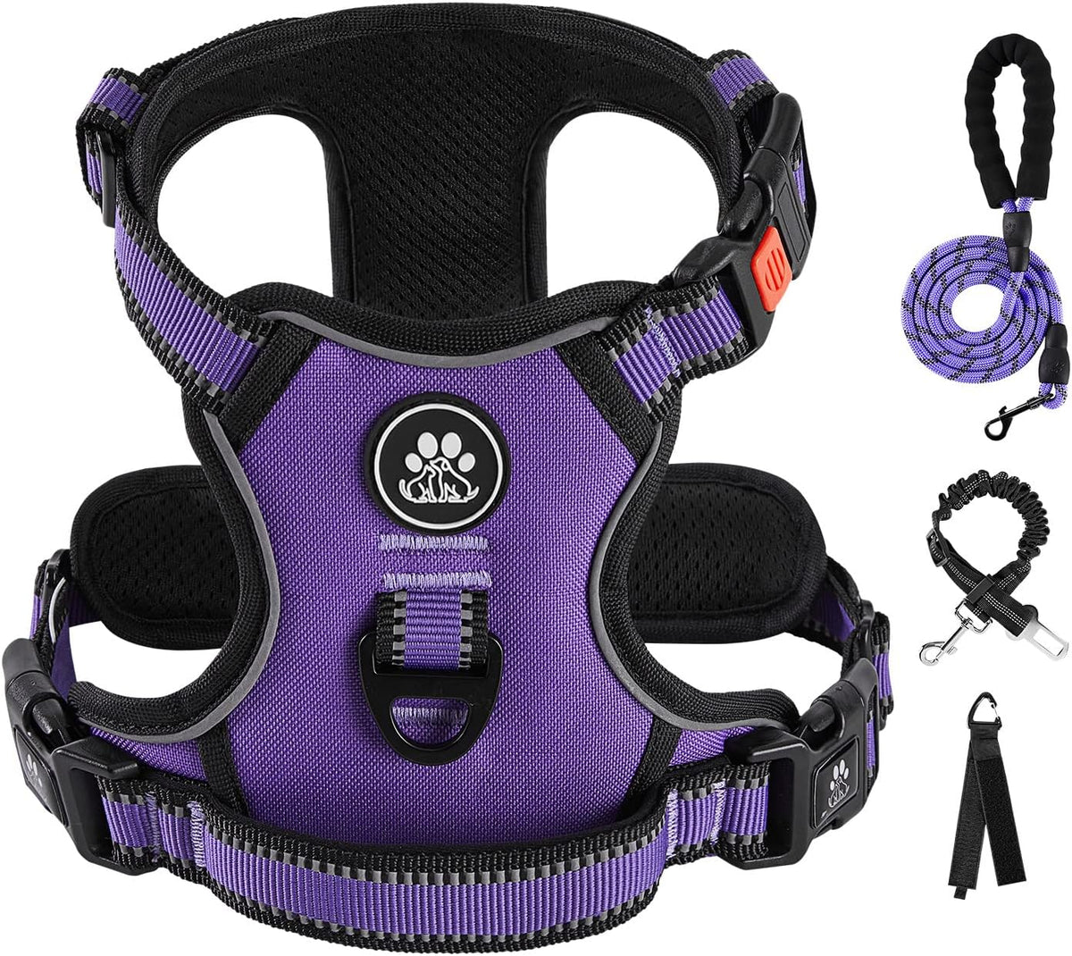 No Pull Dog Harness for Small Dogs, Dog Vest Harness with Leash, Safety Belt and Storage Strap, Fully Adjustable Harness, 360° Reflective Strip, Soft Handle (Purple, S) - Majestic Dog & Cat Pet Boutique