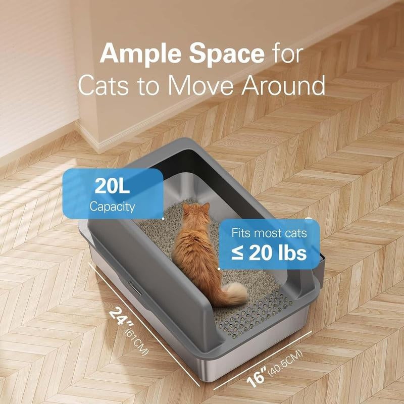 High Side Open Stainless Steel Litter Box with Lid, Super Large Litter Box, Super Large Litter Box, High Side, (Non-Stick, Easy to Clean, Anti-Leakage) - Majestic Dog & Cat Pet Boutique