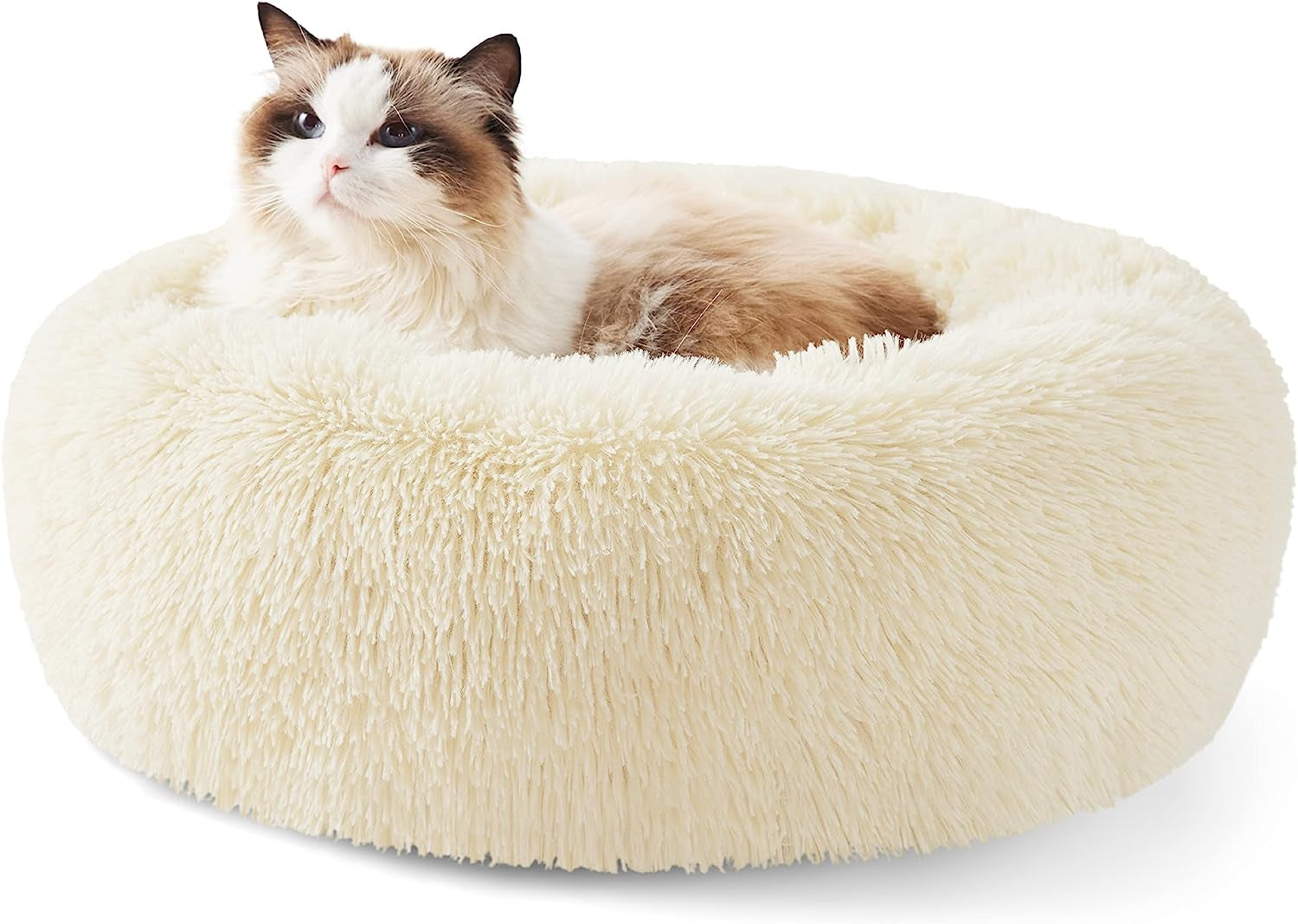 Calming Dog Bed for Small Dogs - Donut Washable Small Pet Bed, 23 Inches Anti-Slip round Fluffy Plush Faux Fur Large Cat Bed, Fits up to 25 Lbs Pets, Camel