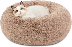 Calming Dog Bed for Small Dogs - Donut Washable Small Pet Bed, 23 Inches Anti-Slip round Fluffy Plush Faux Fur Large Cat Bed, Fits up to 25 Lbs Pets, Camel