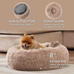 Calming Dog Bed for Small Dogs - Donut Washable Small Pet Bed, 23 Inches Anti-Slip round Fluffy Plush Faux Fur Large Cat Bed, Fits up to 25 Lbs Pets, Camel