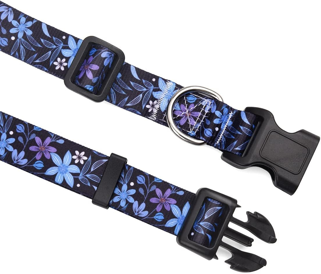 Dog Collar with Bohemia Floral Tribal Geometric Patterns - Soft Ethnic Style Collar Adjustable for Small Medium Large Dogs(Floral Blue,L)