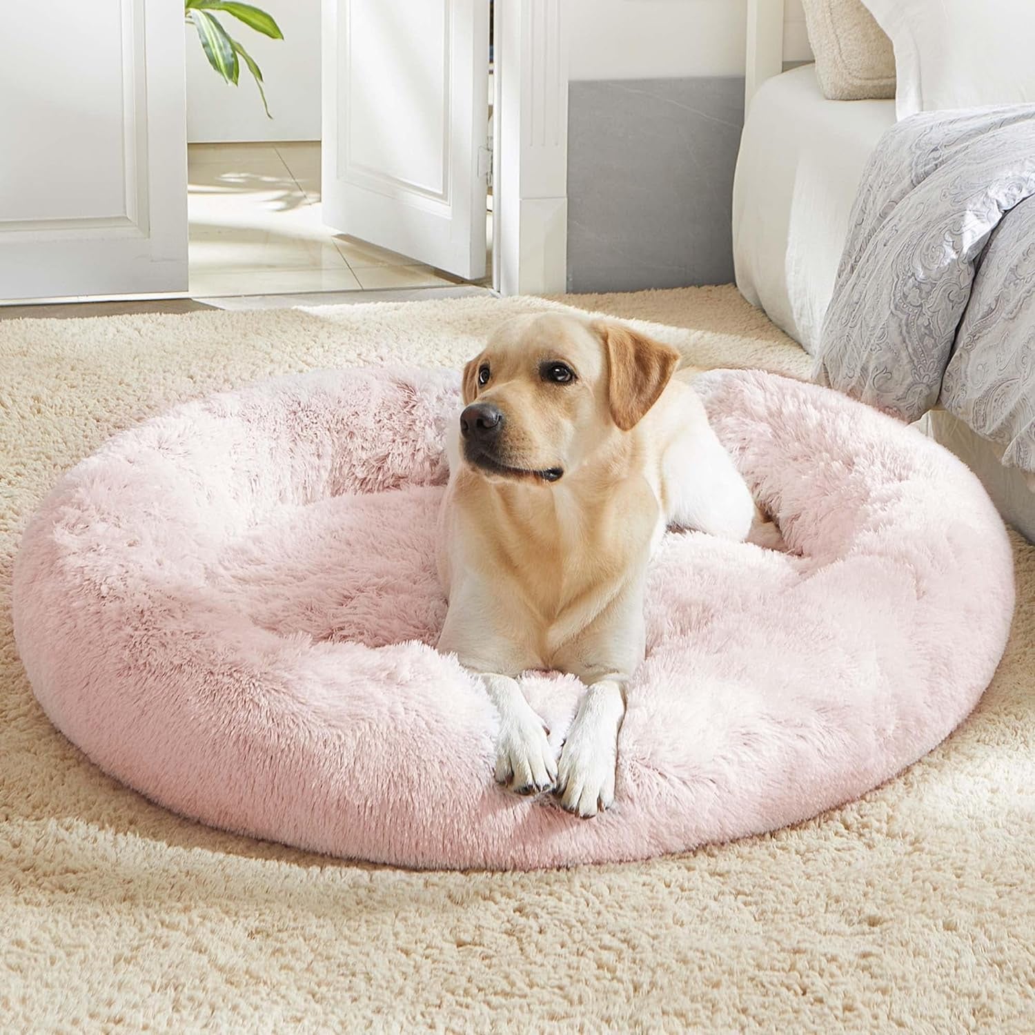 Calming Dog & Cat Bed, Anti-Anxiety Donut Cuddler Warming Cozy Soft round Bed, Fluffy Faux Fur Plush Cushion Bed for Small Medium Dogs and Cats (20"/24"/27"/30")