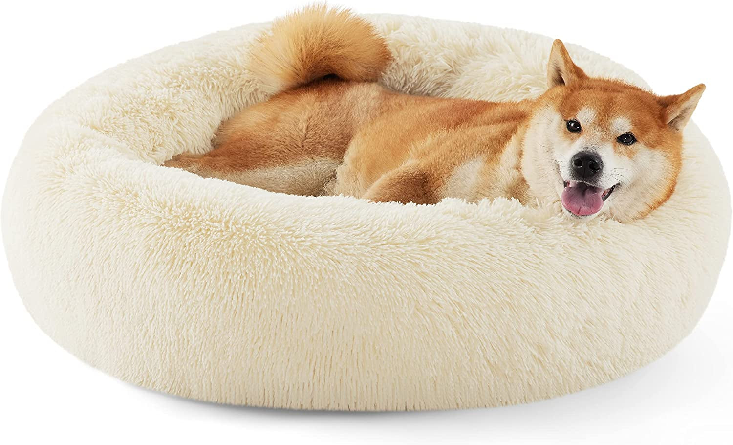 Calming Dog Bed for Small Dogs - Donut Washable Small Pet Bed, 23 Inches Anti-Slip round Fluffy Plush Faux Fur Large Cat Bed, Fits up to 25 Lbs Pets, Camel