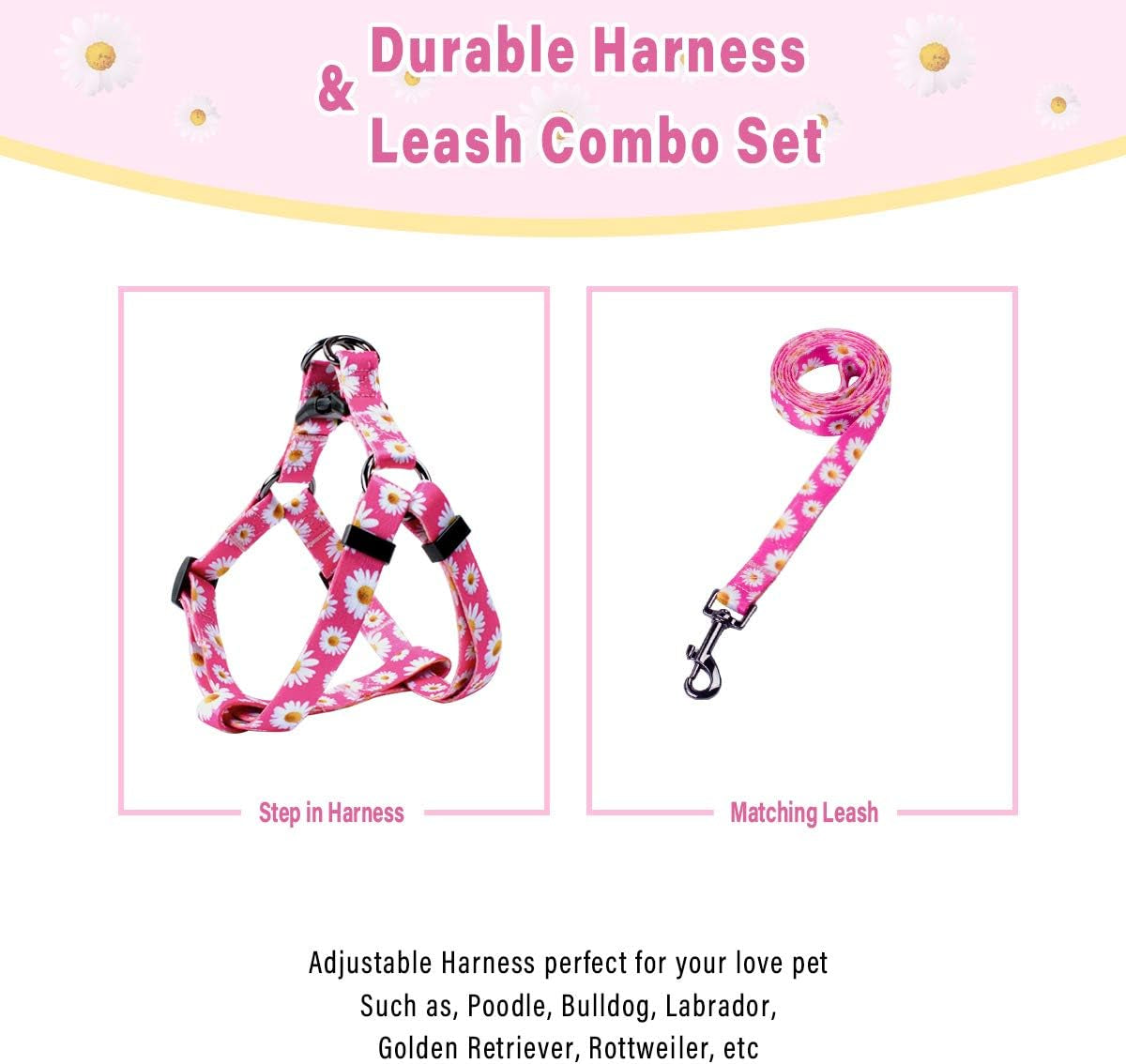 Dog Harness Leash Set Adjustable Heavy Duty No Pull Halter Harnesses for Small Medium Large Breed Dogs Back Clip Anti-Twist Perfect for Walking (XS(12"-18" Chest Girth), Daisy)