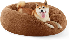 Calming Dog Bed for Small Dogs - Donut Washable Small Pet Bed, 23 Inches Anti-Slip round Fluffy Plush Faux Fur Large Cat Bed, Fits up to 25 Lbs Pets, Camel