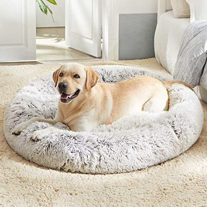 Calming Dog & Cat Bed, Anti-Anxiety Donut Cuddler Warming Cozy Soft round Bed, Fluffy Faux Fur Plush Cushion Bed for Small Medium Dogs and Cats (20"/24"/27"/30")