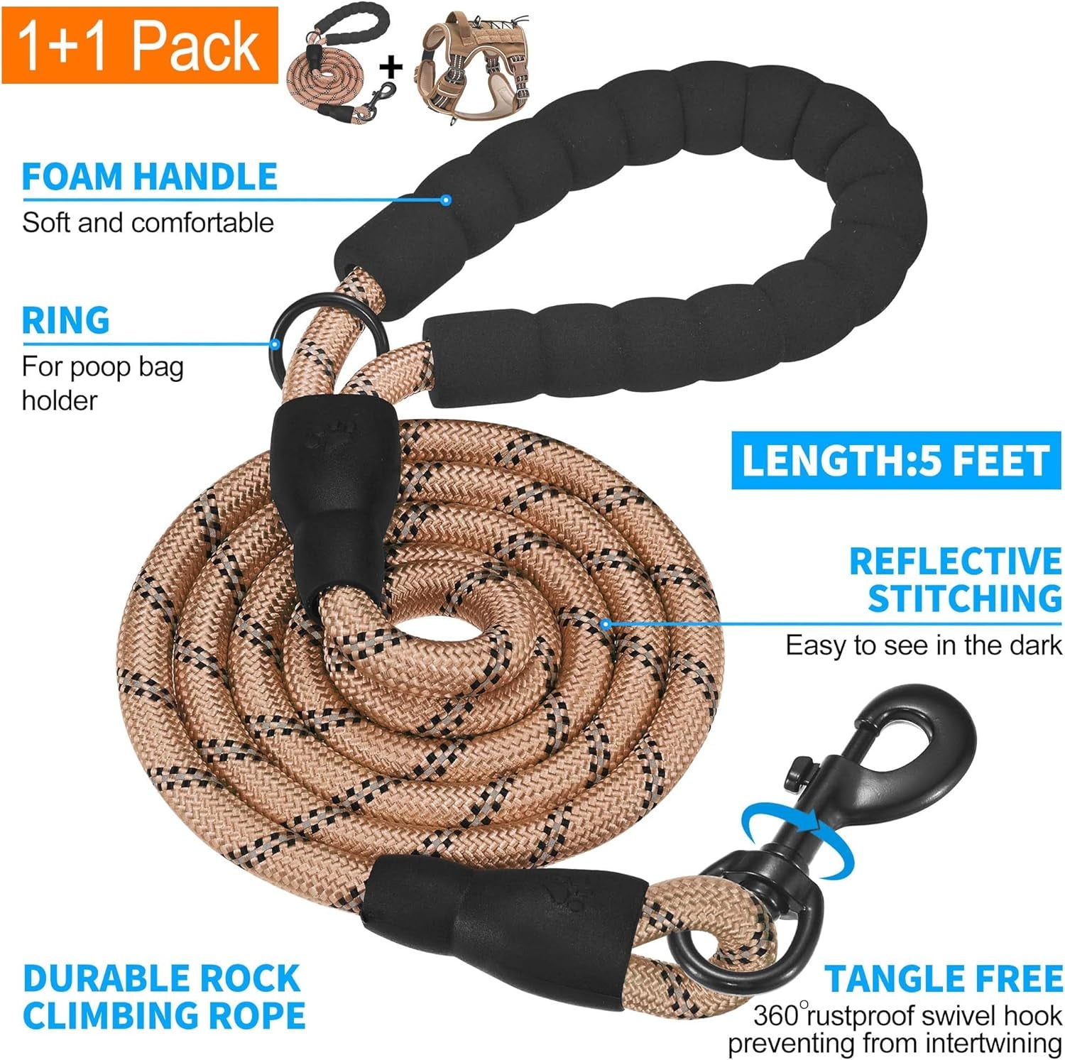 Heavy Duty Tactical Dog Harness for Large Dogs, No Pull Adjustable Pet Harness Reflective Service Training Easy Control Pet Vest Military K9 Working Dog Harnesses- Large, Brown - Majestic Dog & Cat Pet Boutique