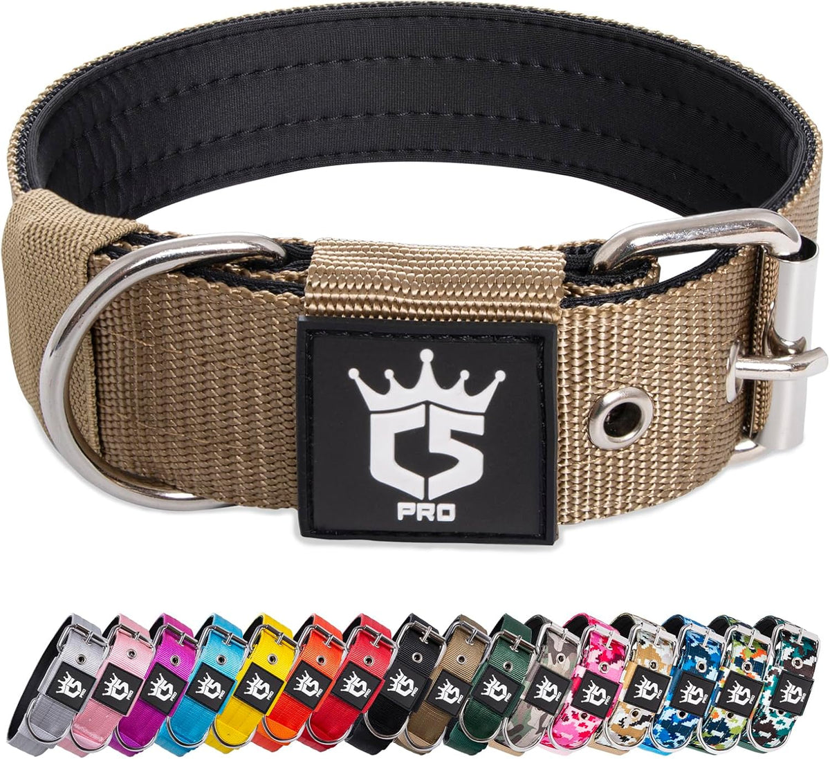 Tactical Dog Collar 1.5 Inch Wide Thick Dog Collars with Heavy Duty Metal Buckle, Durable, Strong, Adjustable for Medium to Large Dogs (Khaki L) - Majestic Dog & Cat Pet Boutique