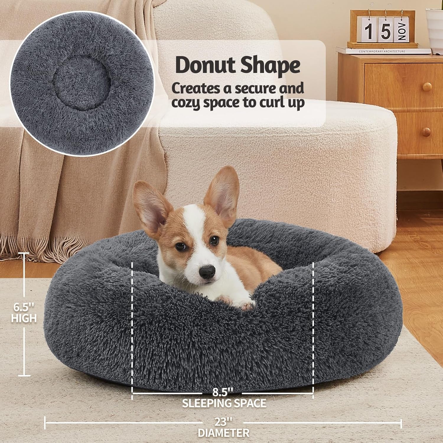 Calming Donut Dog Bed – Plush Pillow for Small & Medium Pets, Washable Cover, Anti-Slip Bottom (23”) - Majestic Dog & Cat Pet Boutique