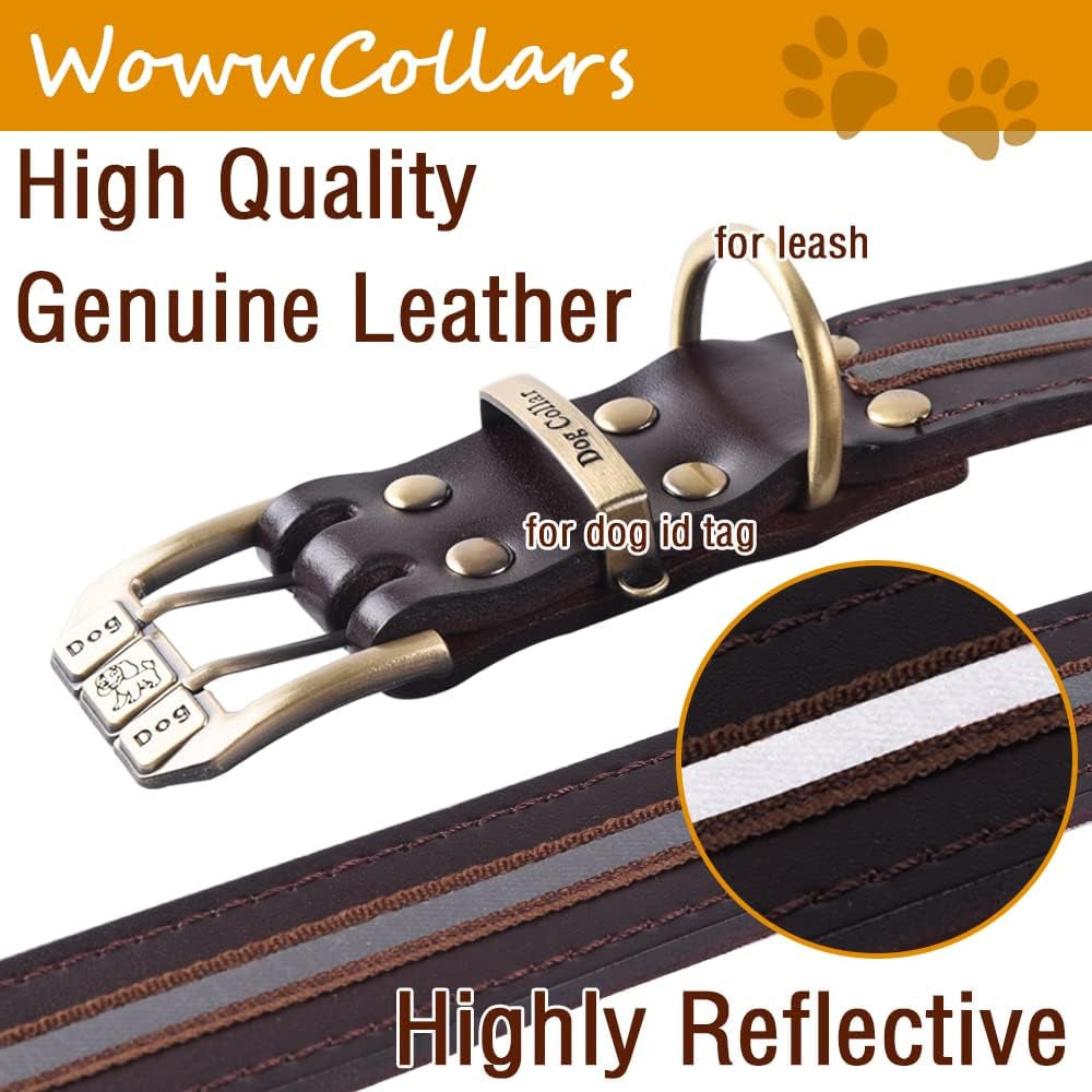 Reflective Genuine Leather Dog Collar Adjustable Soft Padded for Small, Medium Large and Extra Large Breed Dog Collars (Brown Xl(Neck 51.5Cm-63.5Cm))