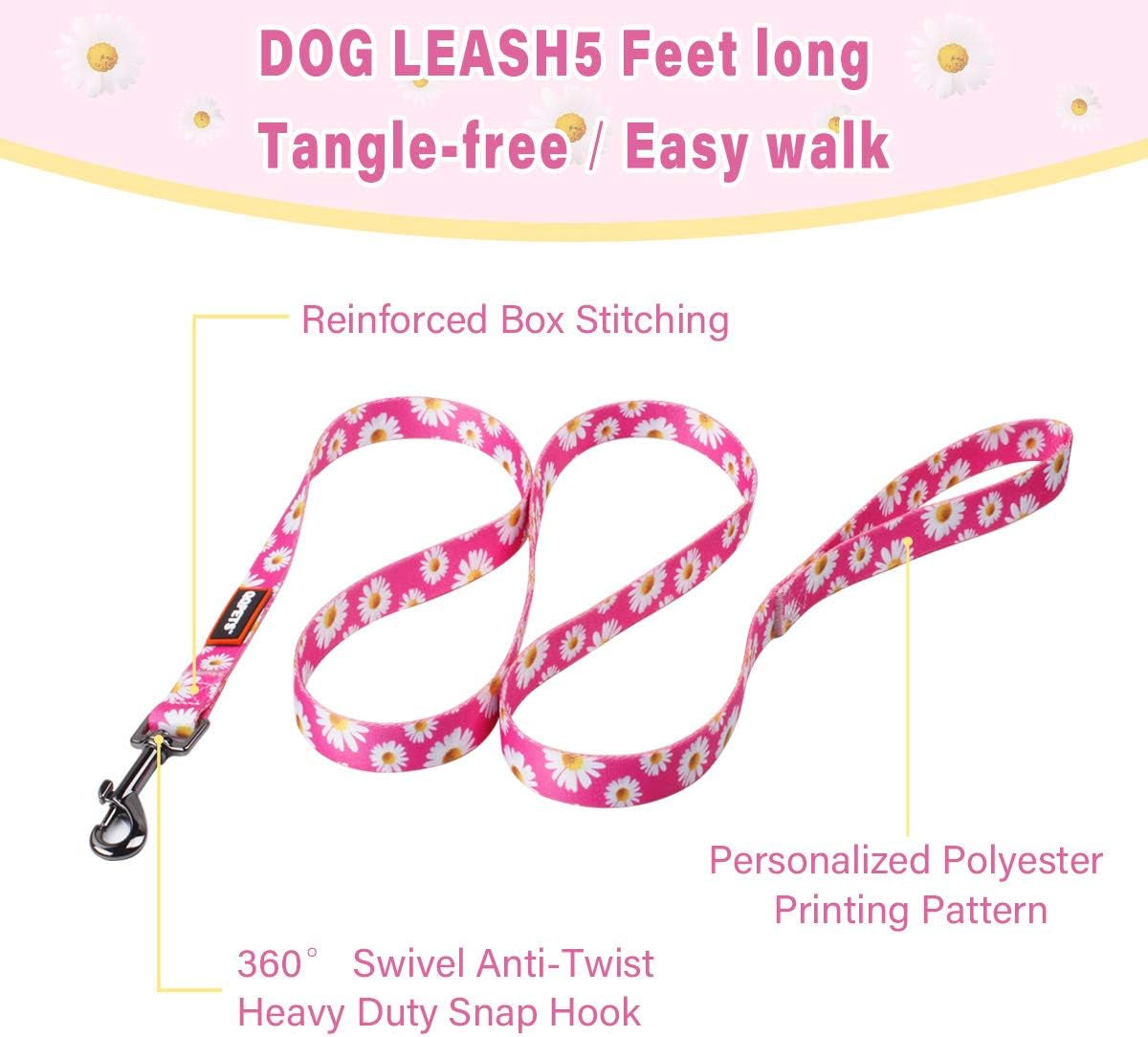 Dog Harness Leash Set Adjustable Heavy Duty No Pull Halter Harnesses for Small Medium Large Breed Dogs Back Clip Anti-Twist Perfect for Walking (XS(12"-18" Chest Girth), Daisy)