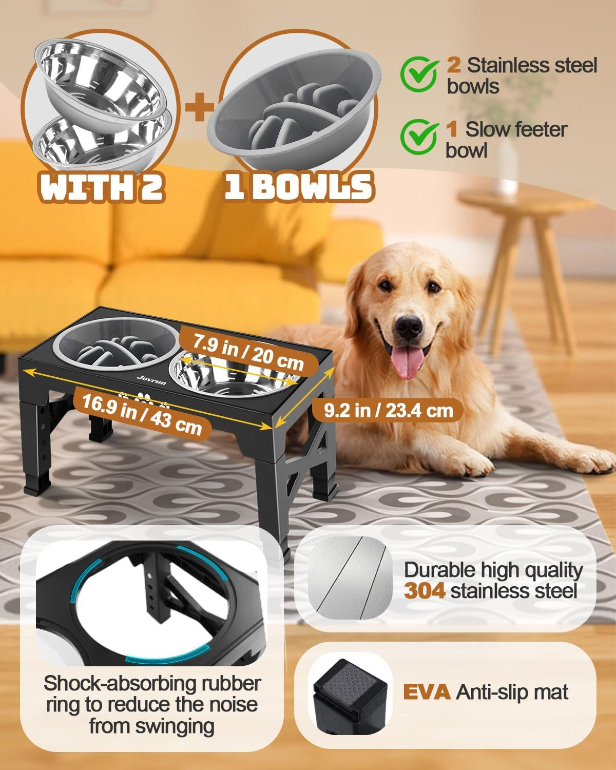 Elevated Dog Bowls, Dog Feeder with 2 Stainless Steel Bowls &1 Slow Feeder Dog Bowls, 5 Heights Adjustable Raised Dog Bowls Stand for Medium Large Dogs, Dog Food Bowls with Non-Slip Feet