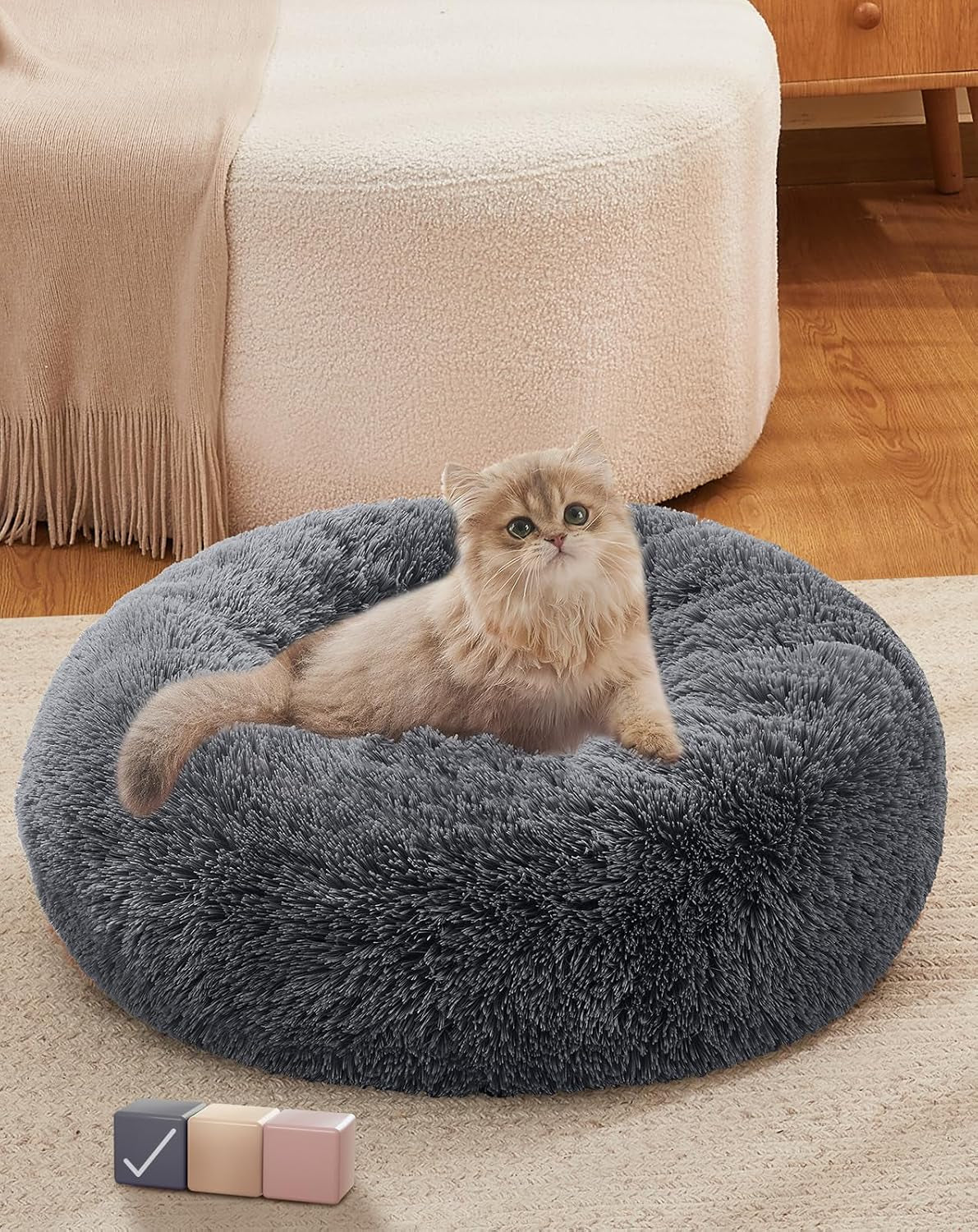 Calming Donut Dog Bed – Plush Pillow for Small & Medium Pets, Washable Cover, Anti-Slip Bottom (23”) - Majestic Dog & Cat Pet Boutique