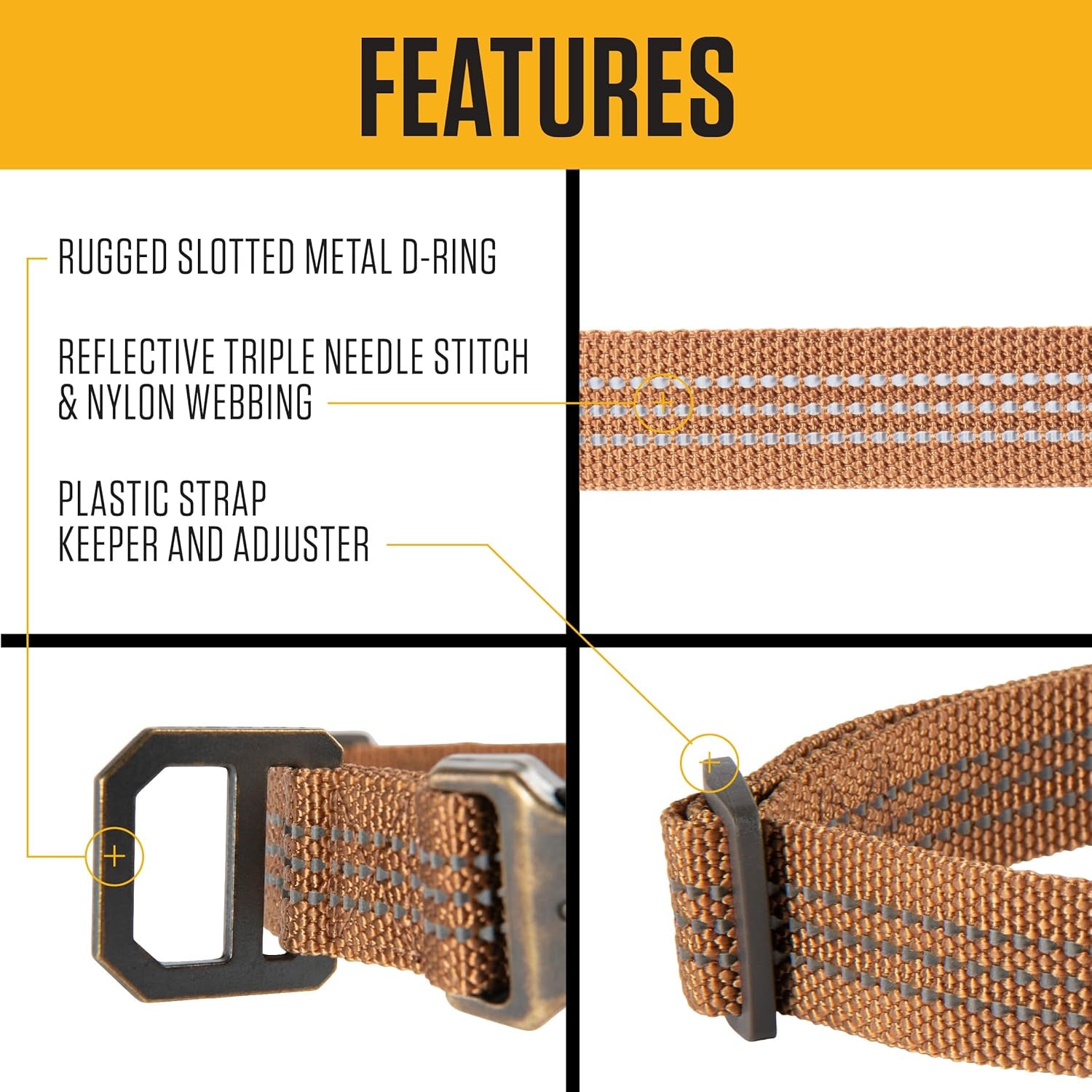 Fully Adjustable Nylon Webbing Collars for Dogs, Reflective Stitching for Visibility,  Brown (Nylon Webbing), Medium