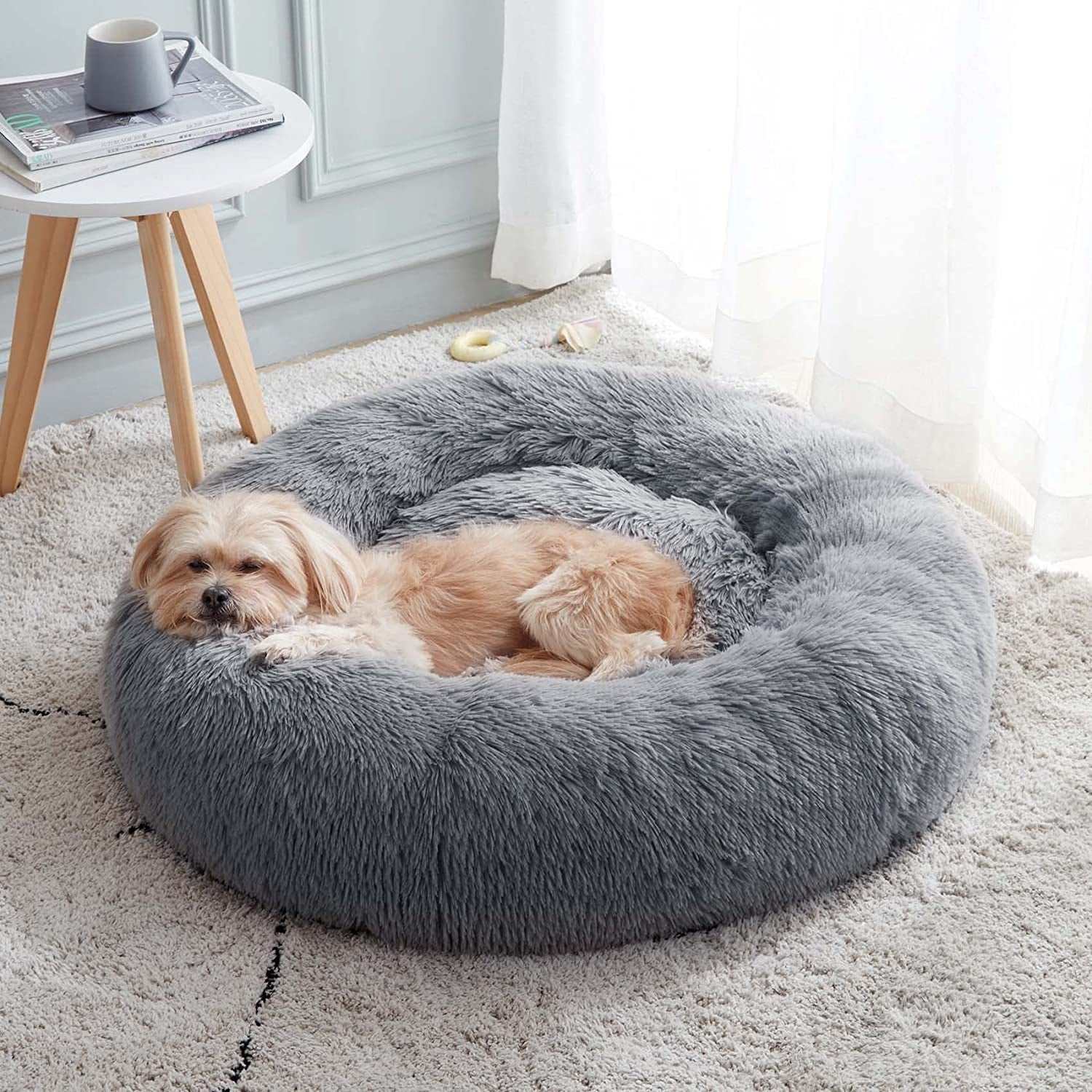 Calming Dog & Cat Bed, Anti-Anxiety Donut Cuddler Warming Cozy Soft round Bed, Fluffy Faux Fur Plush Cushion Bed for Small Medium Dogs and Cats (20"/24"/27"/30")