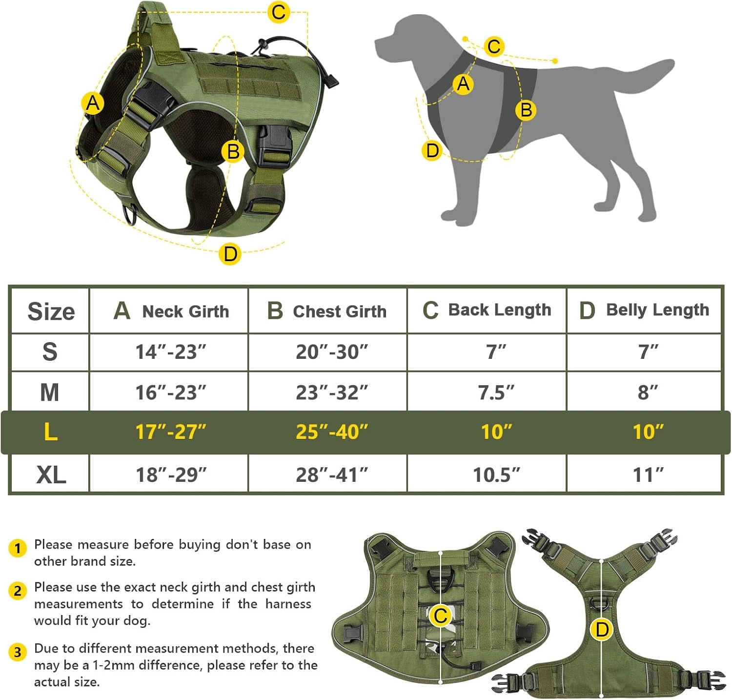 Tactical Dog Harness for Large Dogs, Heavy Duty No Pull Dog Harness with Handle, Adjustable Reflective Military K9 German Shepherd Big Size Dog Vest for Training, Walking, Hiking, Green (L)